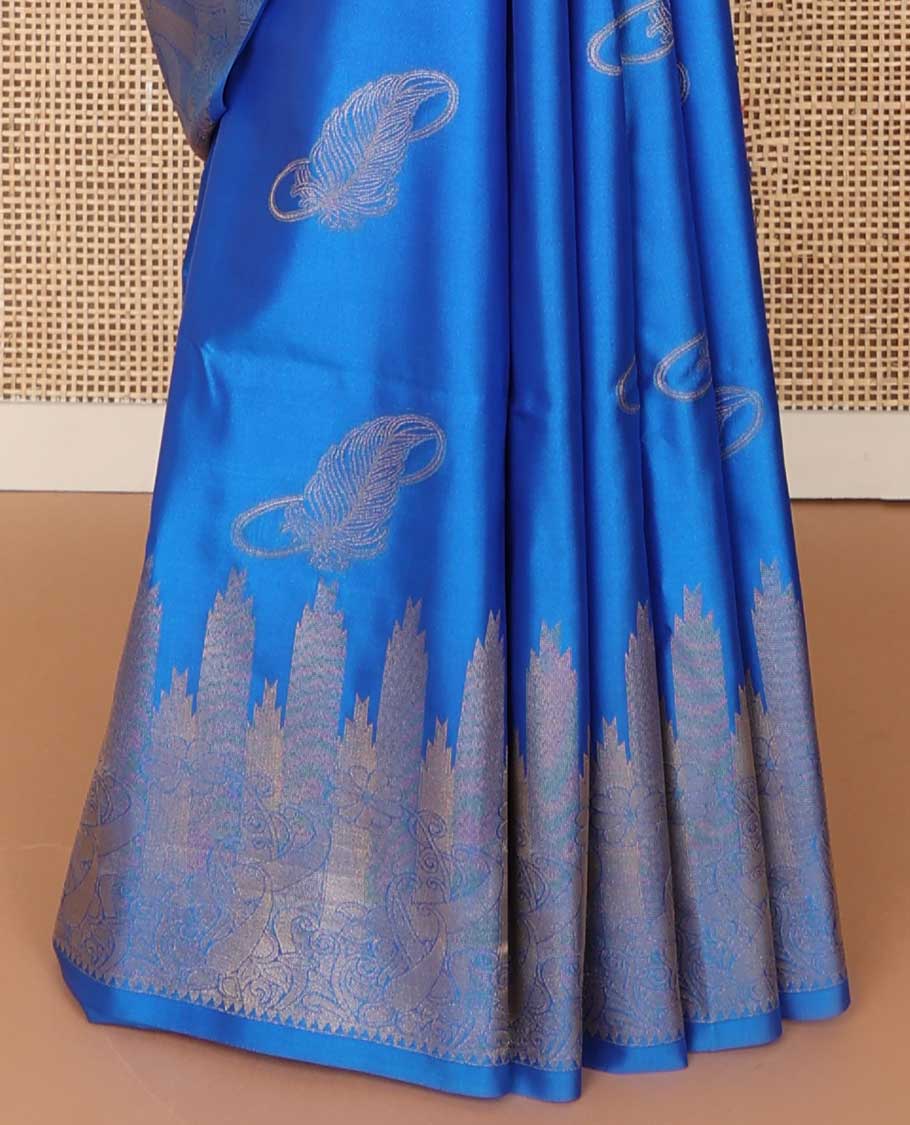 Blue leaf design soft silk saree with self zari design border & floral design pallu