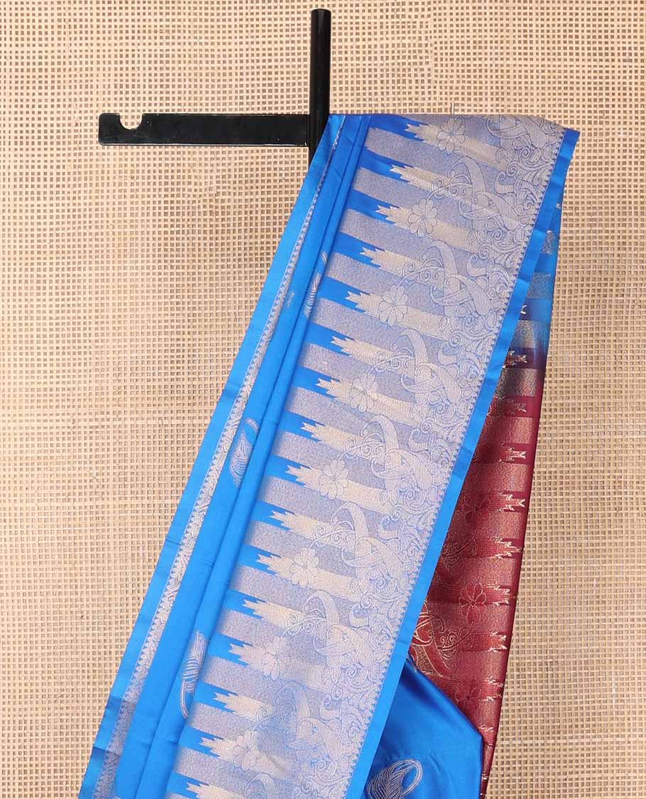 Blue leaf design soft silk saree with self zari design border & floral design pallu