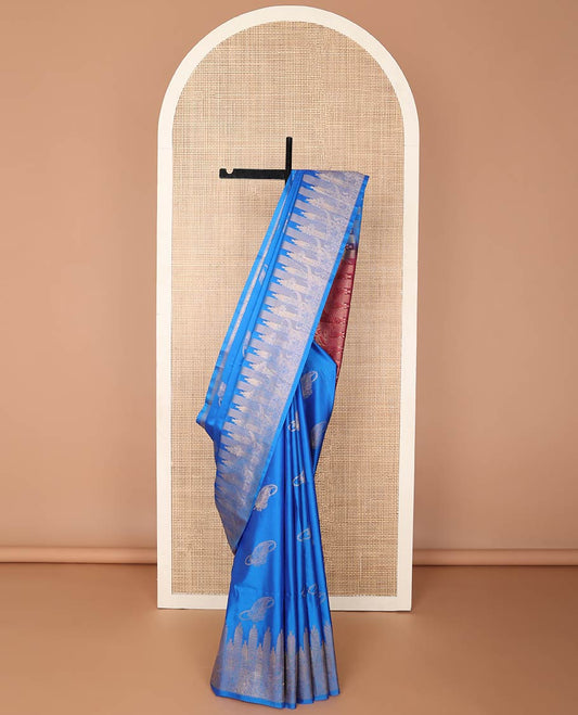 Blue leaf design soft silk saree with self zari design border & floral design pallu