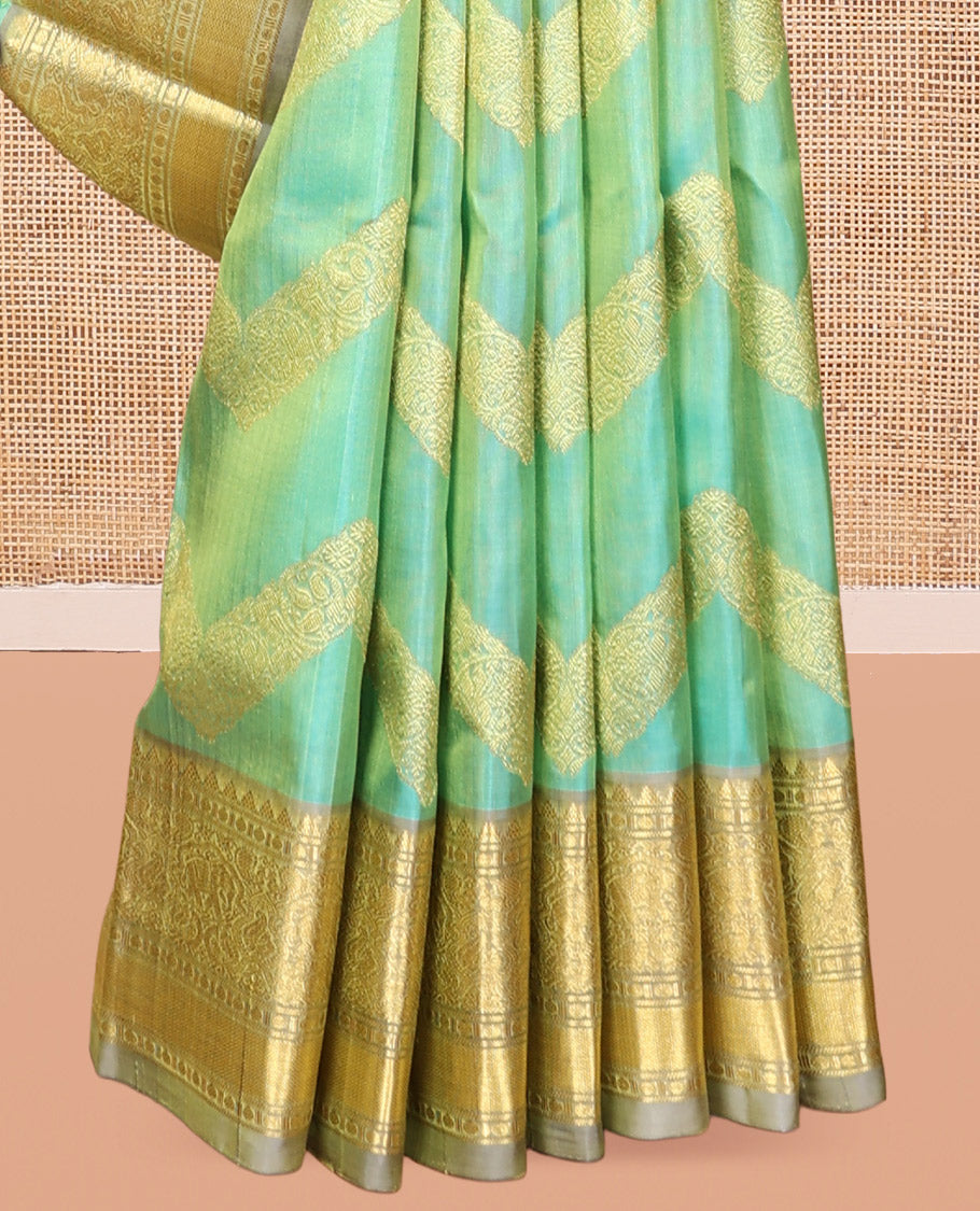 Turquoise Chevron Striped Venkatagiri Silk Saree, Contrast Traditional Border, Jaal Pallu, Contrast Blouse