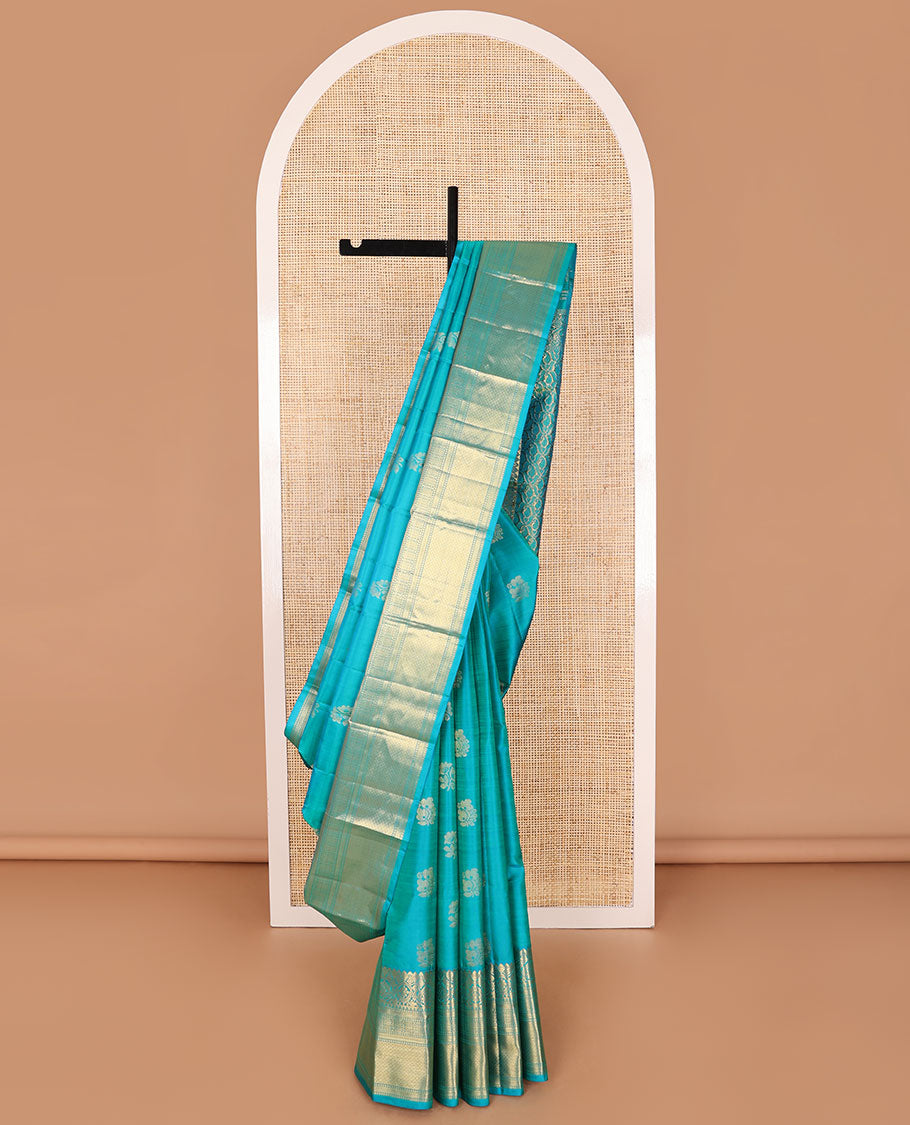 Blue buttas silk saree with self border of rekku, kodi visiry, kathir design & floral jaal design pallu