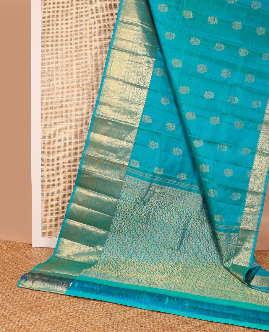 Blue buttas silk saree with self border of rekku, kodi visiry, kathir design & floral jaal design pallu