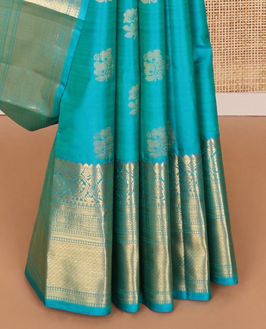 Blue buttas silk saree with self border of rekku, kodi visiry, kathir design & floral jaal design pallu