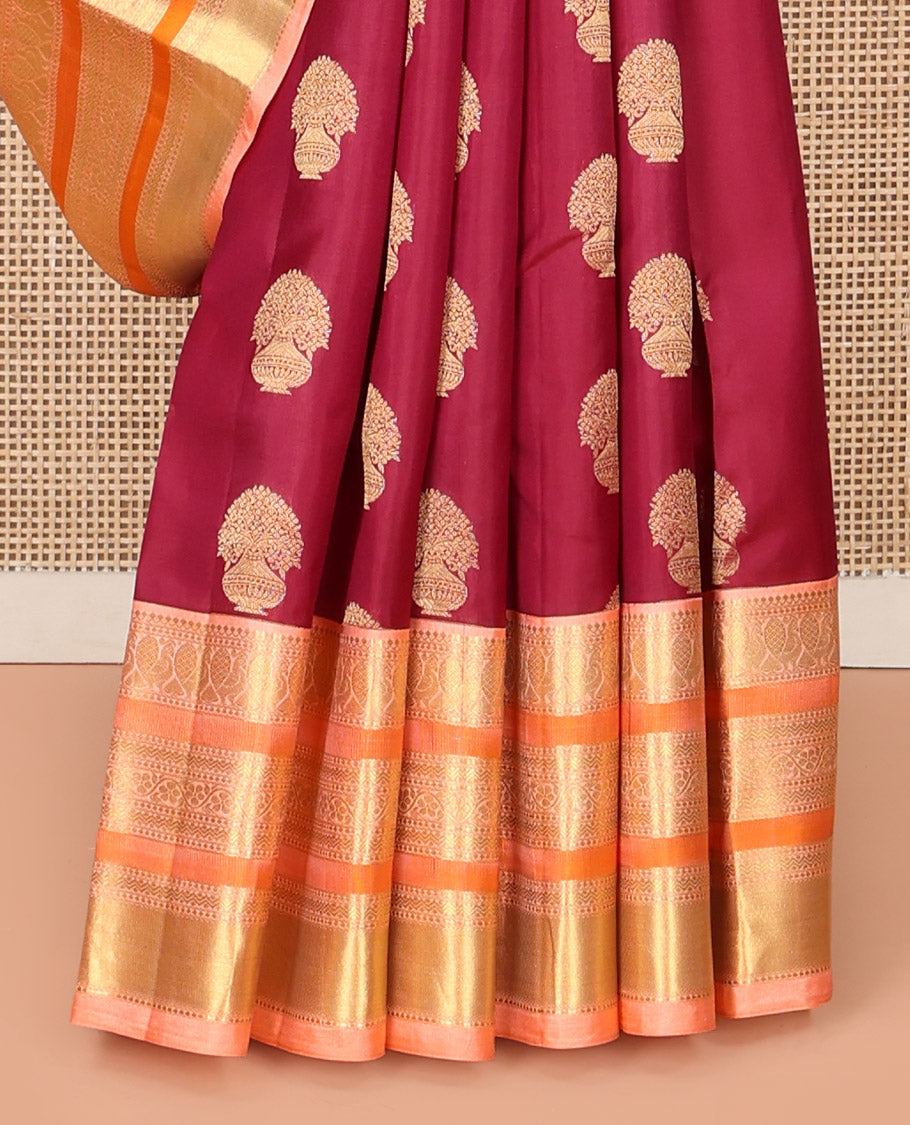 Maroon Vasundhara Silk Saree, Detailed with Floral Zari Buttas All Over Its Body, Complemented by a Contrast Border of Salngai, Mayil, Rettai Neli, and Kodi Visiry Designs, Pallu Steeped with Kodi Visiry Designs, and Paired with a Contrast Blouse