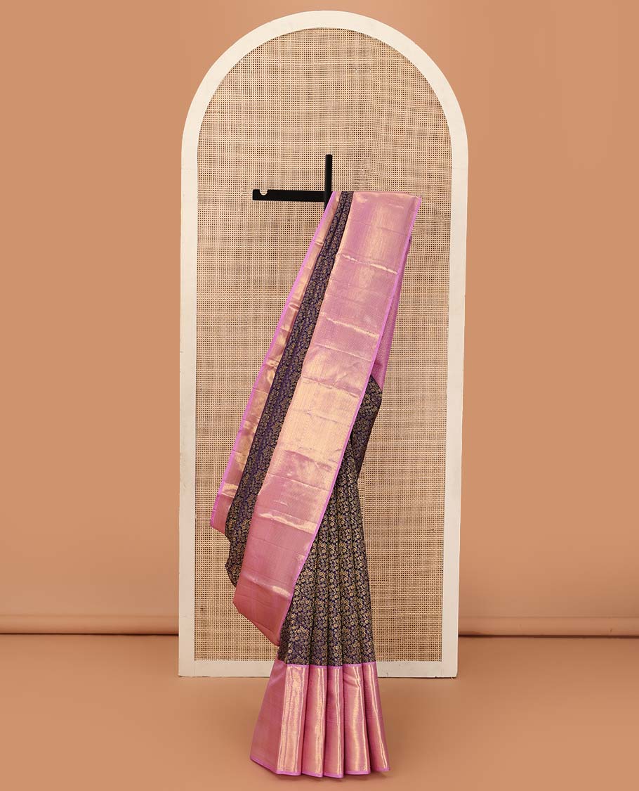 Blue floral jaal jacquard wedding silk saree, zari border of thilakam, neli, kodi visiry, and mayil kann, and intricate pallu