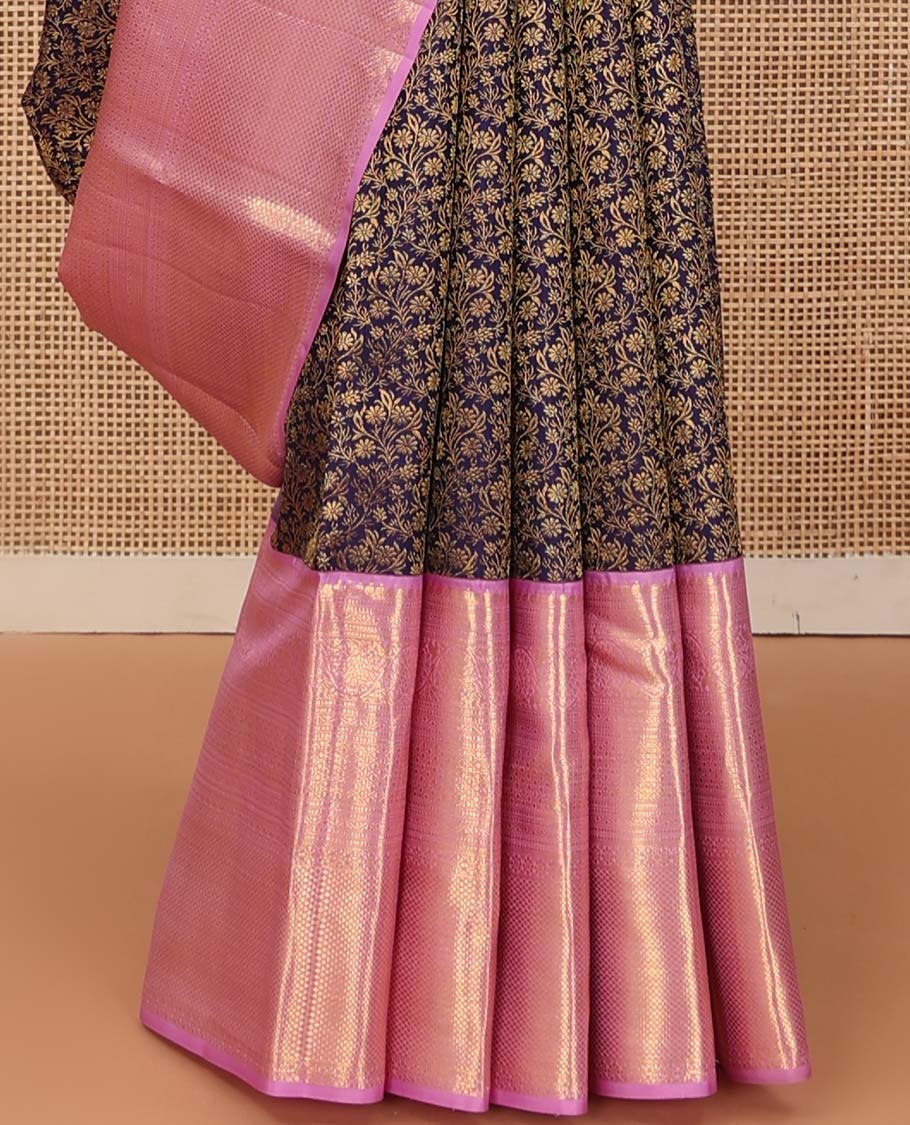 Blue floral jaal jacquard wedding silk saree, zari border of thilakam, neli, kodi visiry, and mayil kann, and intricate pallu