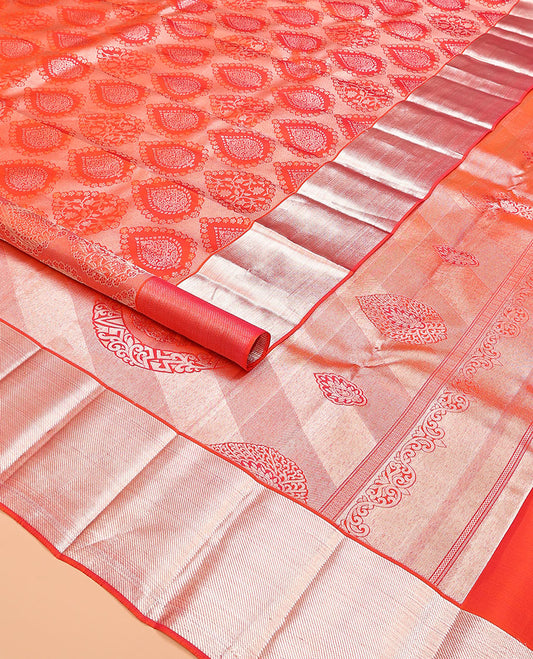 Orange jacquard kanchipuram silk saree, zari border, and zari woven pallu of intricate designs