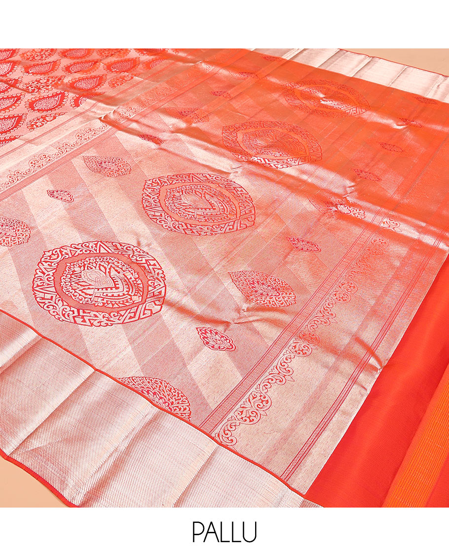 Orange jacquard kanchipuram silk saree, zari border, and zari woven pallu of intricate designs