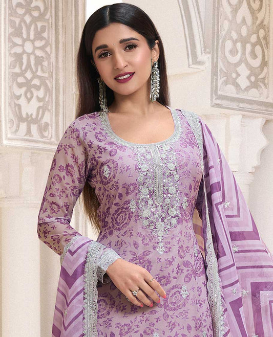 purple  floral printed chudidhar material set floral embroidery top with plain bottom & floral embroidery dupatta