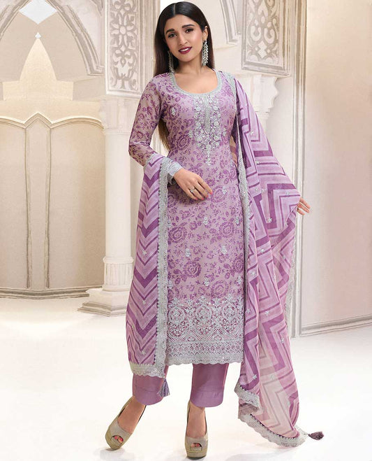 purple  floral printed chudidhar material set floral embroidery top with plain bottom & floral embroidery dupatta