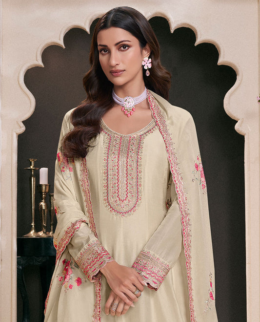 Beige dress material catalouge floral embroidery anarkali with floral embroidery scallop border dupatta