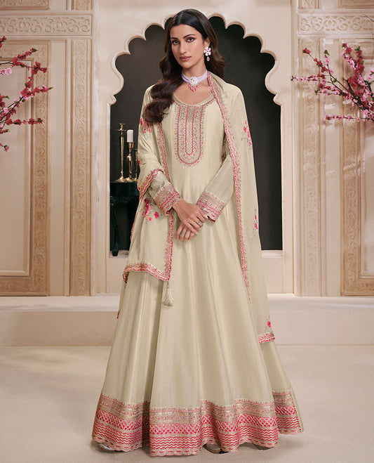 Beige dress material catalouge floral embroidery anarkali with floral embroidery scallop border dupatta