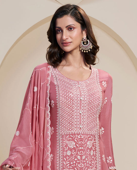 Red dress material catalouge floral thread embroidery top with plain bottom & floral embroidery scallop border dupatta