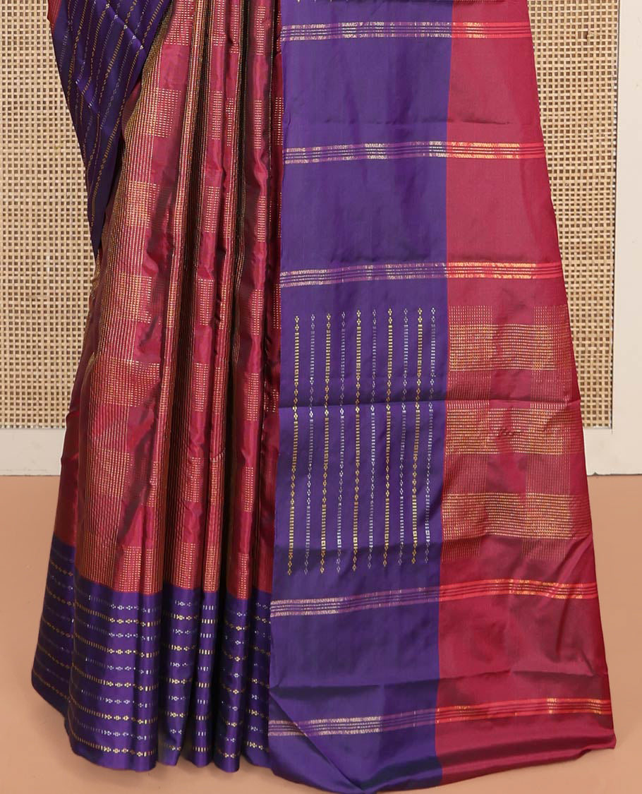Maroon Aarani Silk Saree, Accentuated with Zari Checked Design on Its Body, Complemented by a Contrast Zari Striped Border, Pallu of Stripes, and Paired with a Matching Blouse