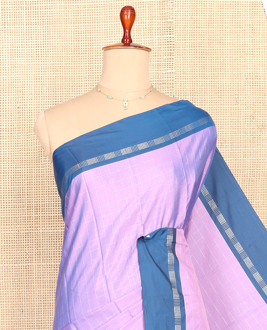 Lavender Aarani Silk Saree, Ornamented with Zari Checked Design All Over Its Body, Complemented by a Contrast Zari Border, Striped Pallu, and Paired with a Matching Blouse