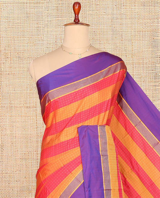 Multi-Color Striped Aarani Gift Saree, Finely Crafted with Plus-Size Buttas All Over Its Body, Complemented by a Contrast Border, Contrast Pallu of Stripes, and Paired with a Matching Blouse
