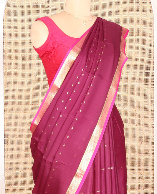 Purple Mysore Silk Saree Featuring Zari Buttas, a Contrast Jaal-Design Zari Border, Zari Striped Pallu, and a Contrast Blouse