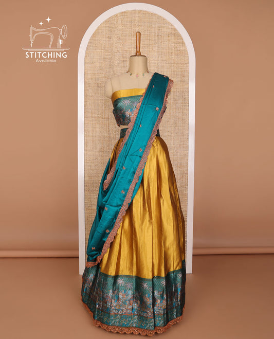 Mustard banaras half saree with contrast forest theme border, forest theme design blouse & floral embroidery, scallop border dhavani