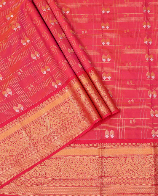 Pink Art Silk Pavadai Material Set, Artfully Detailed with Floral Bud Buttas and Zari Checks All Over Its Skirt, Highlighted with Traditional Zari Design Border, and Paired with a Matching Blouse
