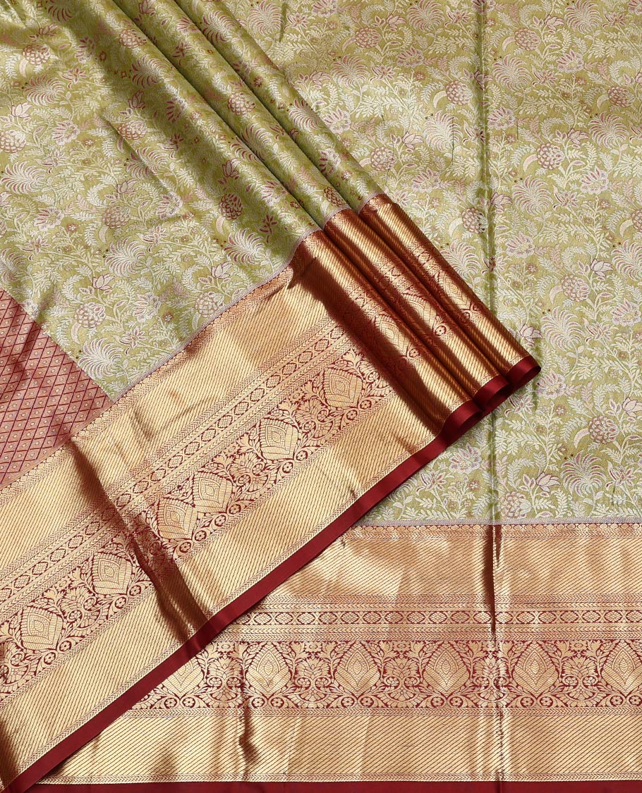 Green Art Silk Half-Saree, Finely Crafted with Jacquard Design, Contrast Traditional Zari Border, Paired with a Contrast Jacquard Blouse, and an Intricate Dhavani