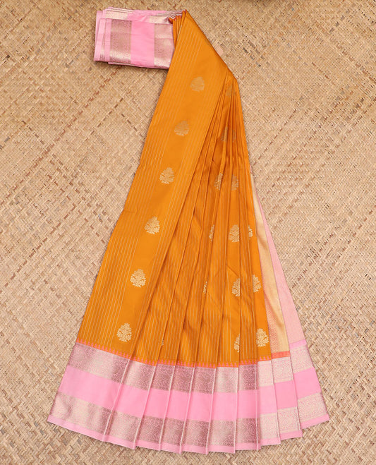 Orange zari buttas budget silk saree, contrast traditional zari design rettai pettu border, and jaal pallu
