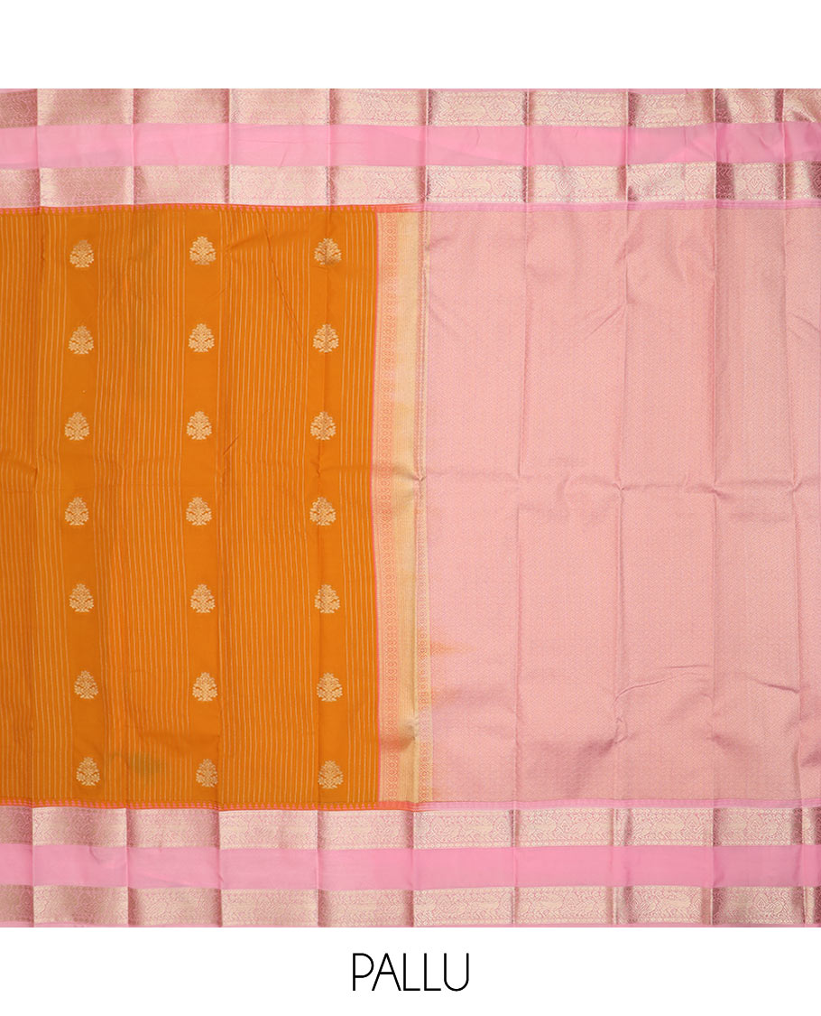 Orange zari buttas budget silk saree, contrast traditional zari design rettai pettu border, and jaal pallu