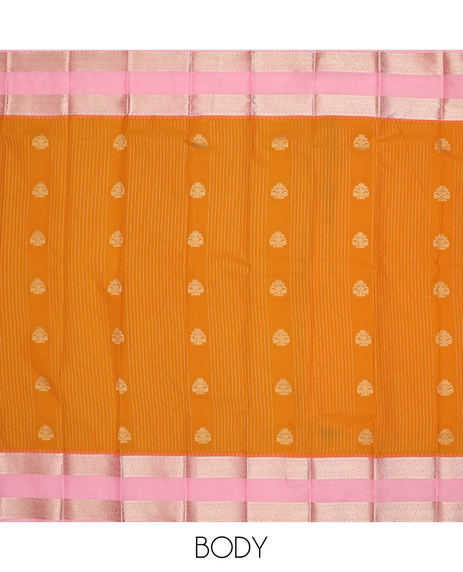 Orange zari buttas budget silk saree, contrast traditional zari design rettai pettu border, and jaal pallu