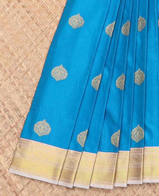 Blue zari buttas budget silk saree, contrast traditional zari border, and jaal pallu