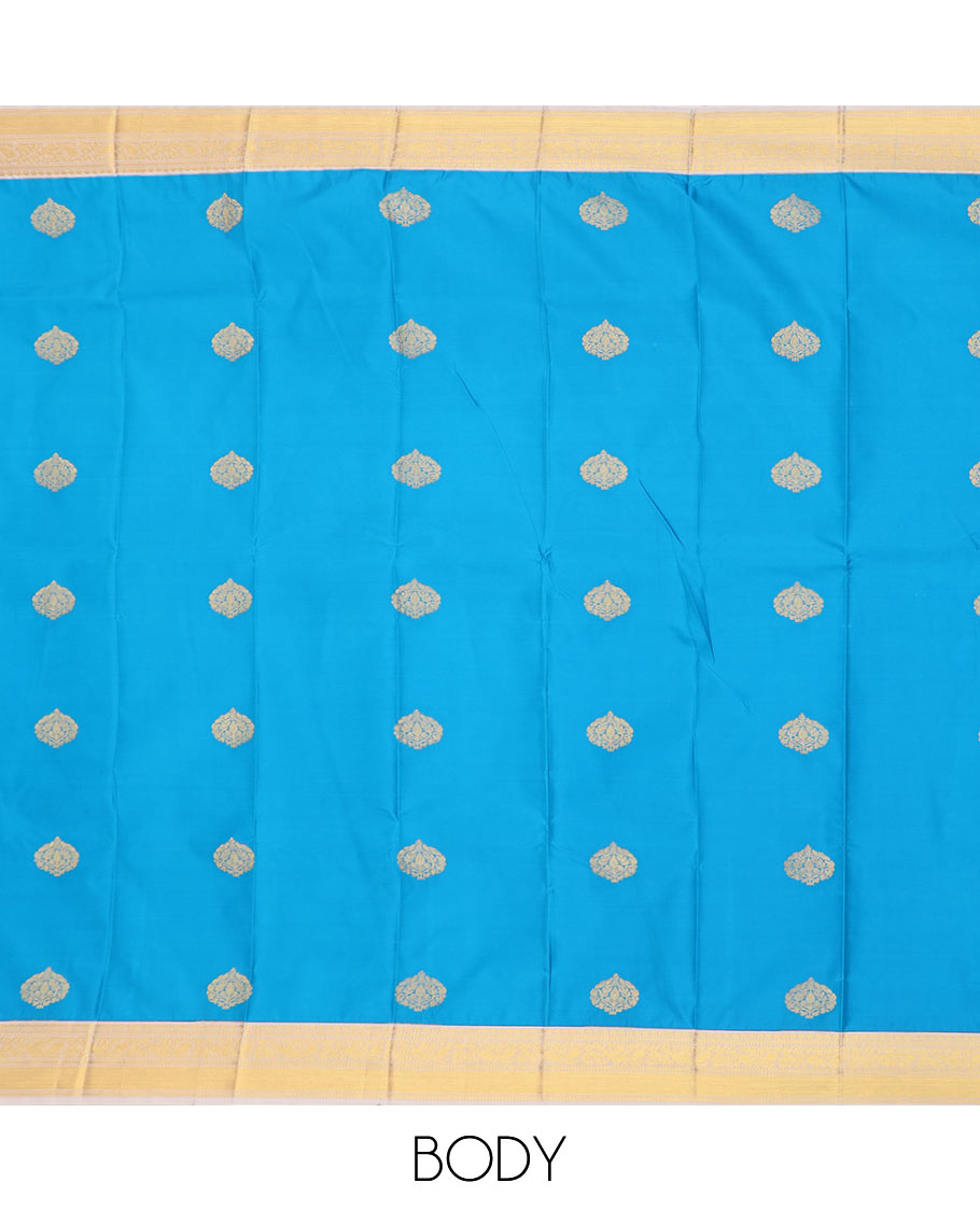 Blue zari buttas budget silk saree, contrast traditional zari border, and jaal pallu