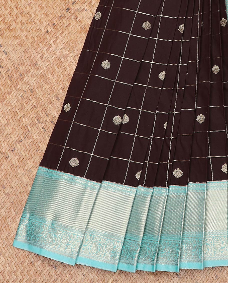Brown zari butta enclosed checked gift saree, contrast traditional zari border, and jaal pallu