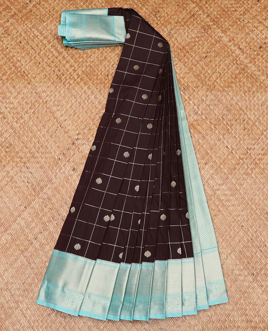 Brown zari butta enclosed checked gift saree, contrast traditional zari border, and jaal pallu