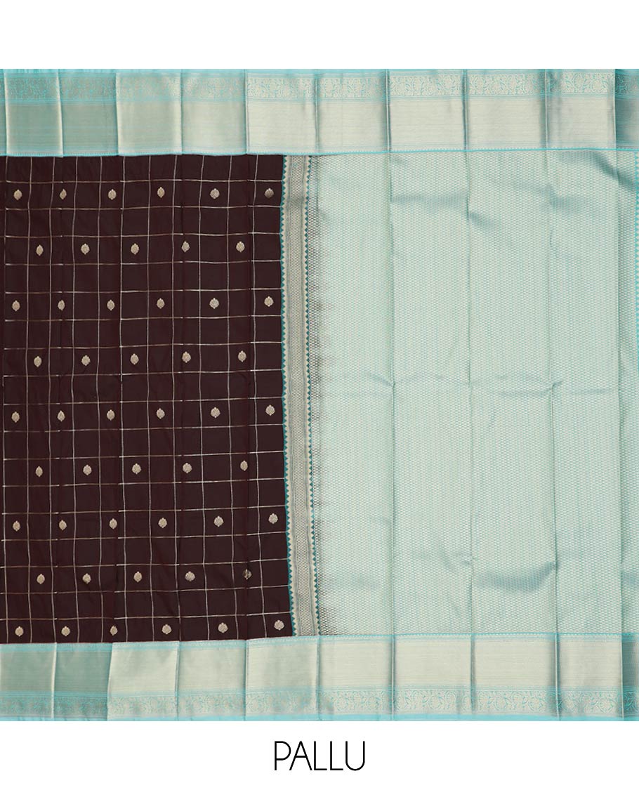Brown zari butta enclosed checked gift saree, contrast traditional zari border, and jaal pallu