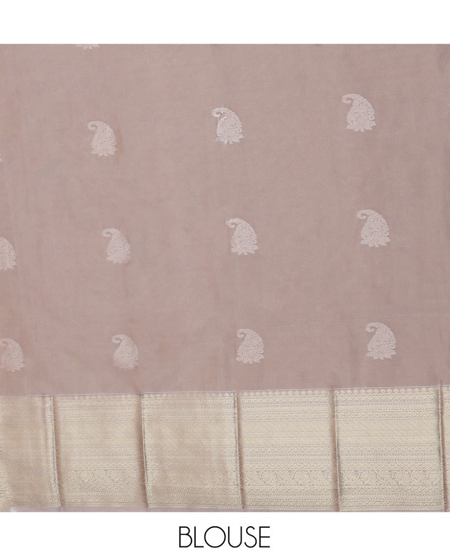 Red Budget Silk Saree Enthralled with Paisley Zari Buttas, Complemented by a Contrast Border Steeped with Traditional Zari Designs, Subtly Designed Jaal Pallu, and Paired with a Contrast Blouse