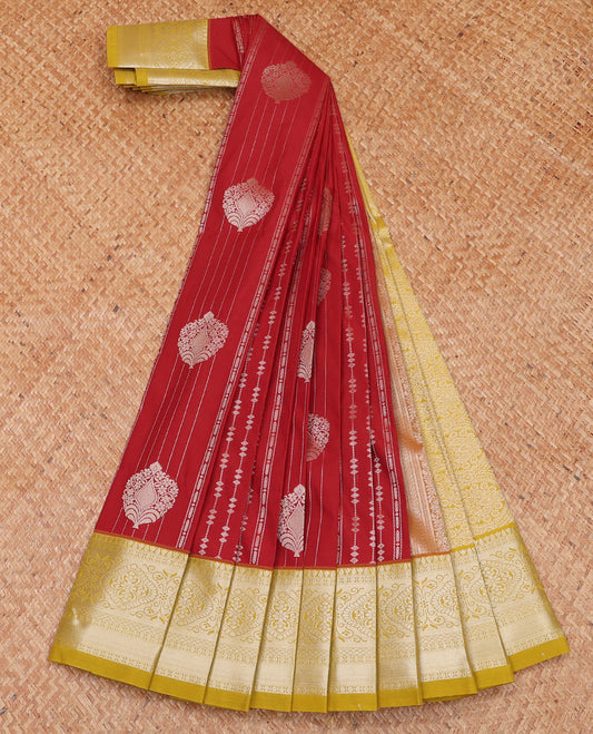 Apple red zari design budget silk saree, contrast traditional zari design border, and intricate pallu