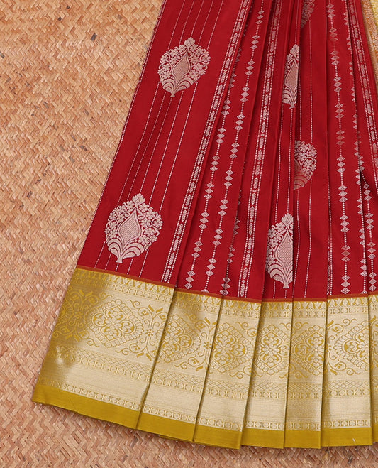 Apple red zari design budget silk saree, contrast traditional zari design border, and intricate pallu