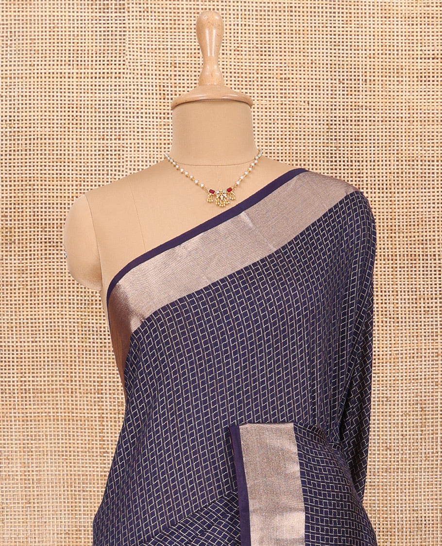 Blue Assam Silk Saree Beautified with Maze-Like Designs, Featuring a Simple Zari Border, Self-Pallu, and Paired with a Matching Blouse