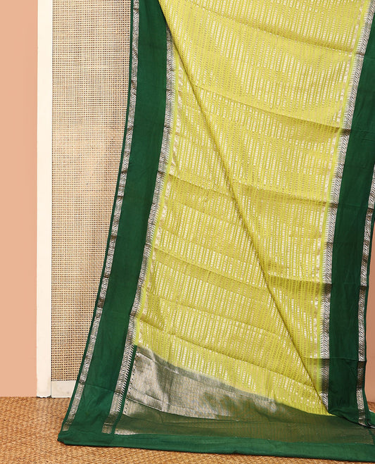 Yellow zig-zag stripes with polka dots zari woven assam silk saree, contrast traditional motifs woven double border, and zari design pallu