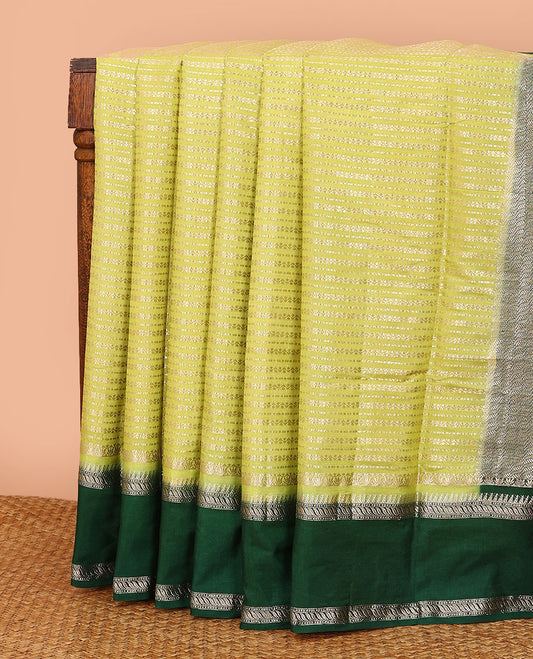 Yellow zig-zag stripes with polka dots zari woven assam silk saree, contrast traditional motifs woven double border, and zari design pallu