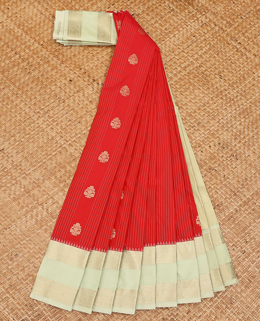 Red stripes, and zari buttas budget silk saree, contrast rettai pettu traditional zari border, and intricate pallu