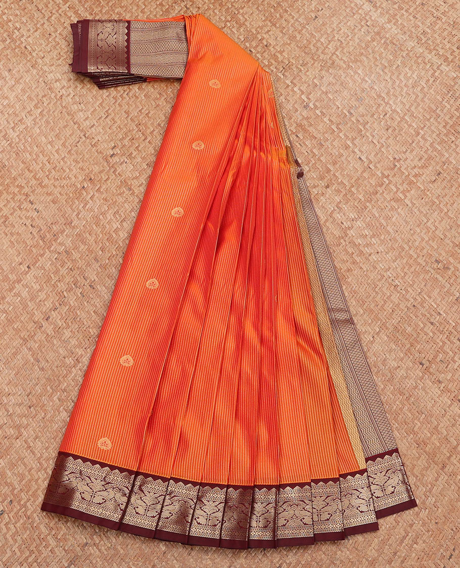 Orange Budget Silk Saree, Delicately Woven with Zari Buttas and Stripes, Complemented by a Contrast Traditional Zari Border, Grand Pallu, and a Contrast Blouse