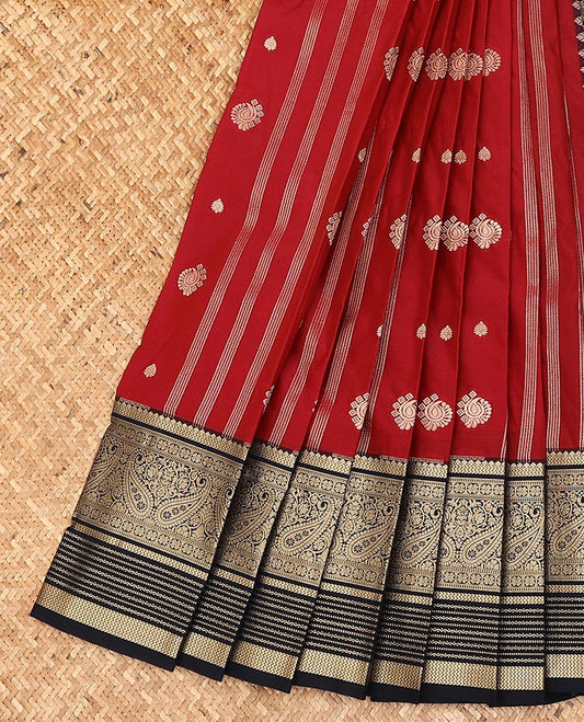 Red stripes, and zari buttas gift saree, contrast traditional zari design border, and intricate pallu