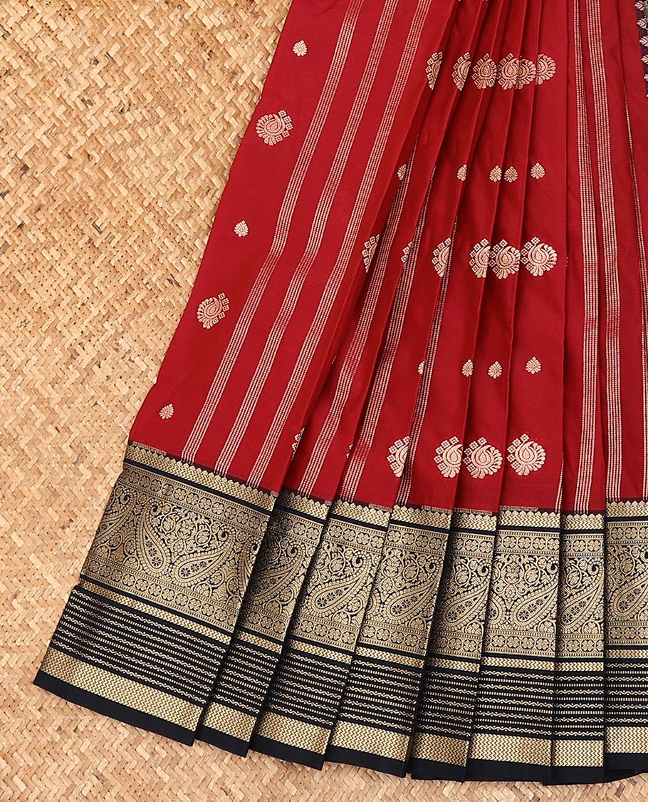 Red stripes, and zari buttas gift saree, contrast traditional zari design border, and intricate pallu