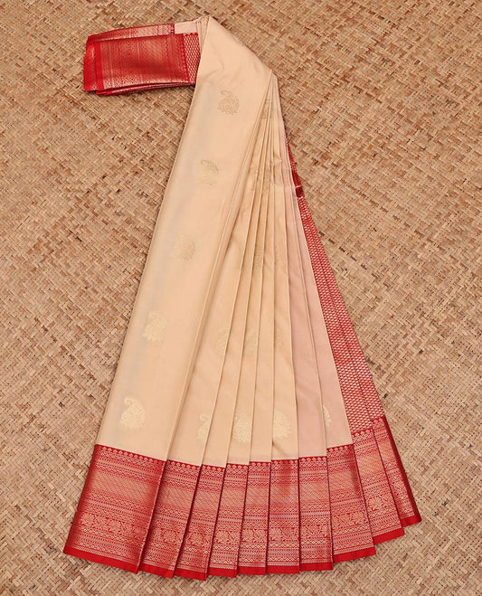 Sandal Budget Silk Saree, Sparsely Sparkled with Paisley Zari Buttas All Over Its Body, Complemented by a Contrast Zari Border of Traditional Designs, Pallu of Jaal Designs, and Paired with a Contrast Blouse