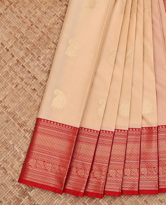 Sandal Budget Silk Saree, Sparsely Sparkled with Paisley Zari Buttas All Over Its Body, Complemented by a Contrast Zari Border of Traditional Designs, Pallu of Jaal Designs, and Paired with a Contrast Blouse