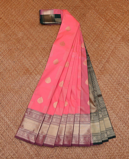 Pink Budget Silk Saree, Embellished with Zari Buttas All Over Its Body, Complemented by Captivating Contrast Border Steeped with Traditional Zari Designs, Grand Jaal Pallu, and Paired with a Contrast Blouse