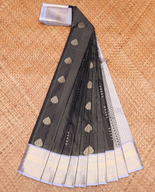 Black Budget Silk Saree, Detailed with Zari Butta and Checks on Its Body, Complemented by a Contrast Traditional Zari Design Border, Pallu of Jaal Designs, and Paired with a Contrast Blouse