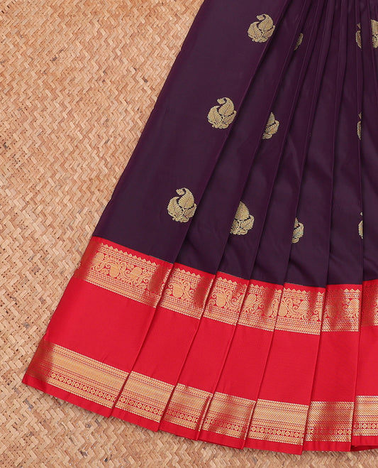 Purple Budget Silk Saree, Embellished with Zari Buttas, Complemented by Contrast Traditional Zari Rettai Pettu Border, Jaal Pallu, and a Contrast Blouse
