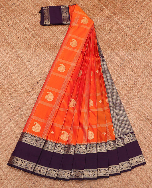 Orange Budget Silk Saree, Elevated with Zari Butta Enclosed Checks, Complemented by a Contrast Traditional Zari Rettai Pettu Border, Grand Pallu, and a Contrast Blouse