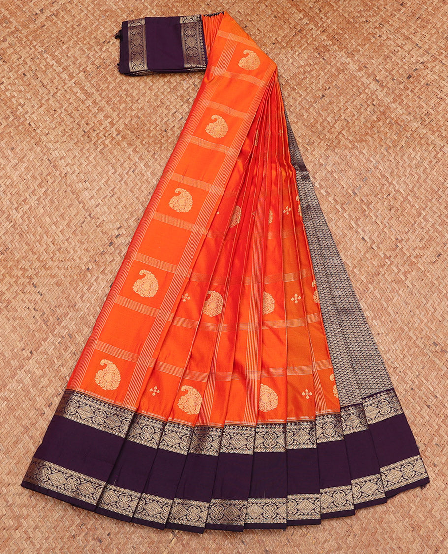 Orange Budget Silk Saree, Elevated with Zari Butta Enclosed Checks, Complemented by a Contrast Traditional Zari Rettai Pettu Border, Grand Pallu, and a Contrast Blouse