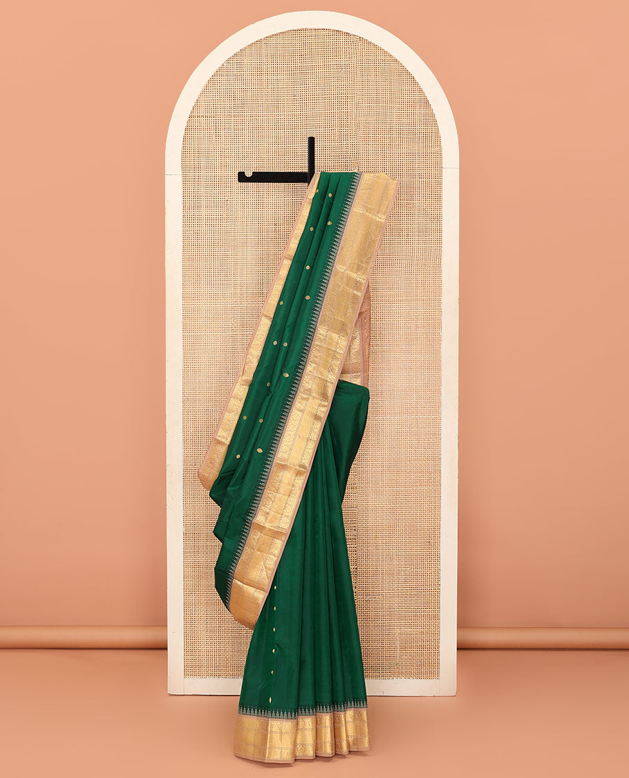 Green buttas Bangalore silk saree, contrast temple traditional zari border, and pallu of jaal designs